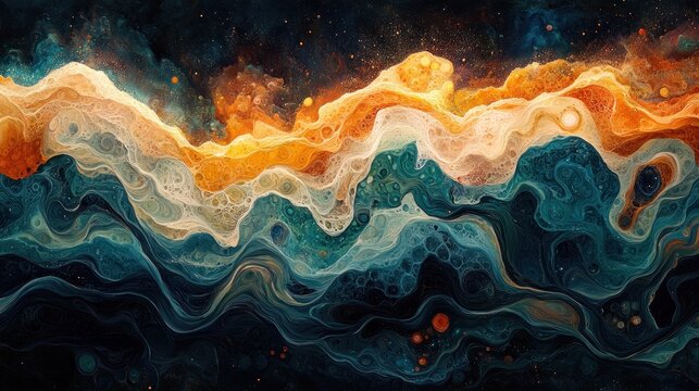 Vibrant Abstract Dotwork Swirling Design with Warm Colors and Geometric Patterns