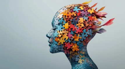 Creative puzzle portrait of a woman art exhibition space digital art contemporary environment side profile conceptual imagery