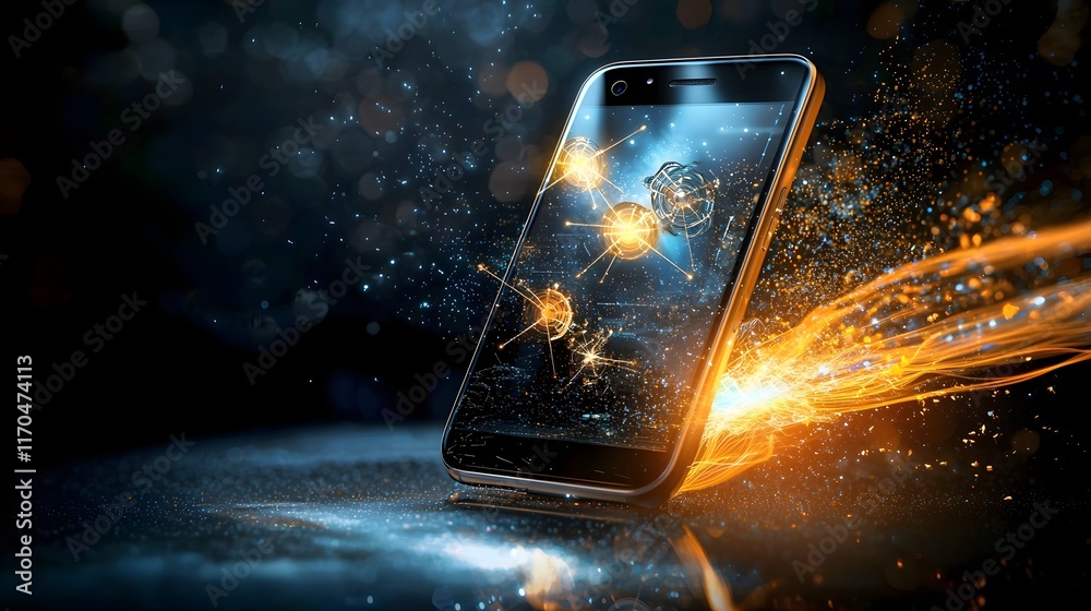 Poster quantum powered smartphone solving real time problems with vibrant qubit icons and dynamic energy fl