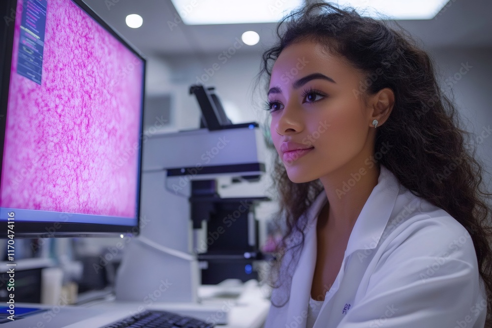 Aufkleber Scientist analyzing microscopic images on computer screen in laboratory