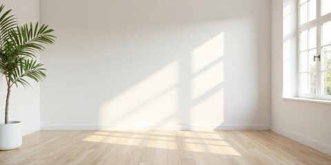Fototapeta premium Bright Empty Room with Sunlight Streaming Through Window and Plant
