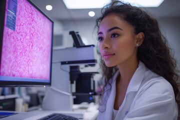 Scientist analyzing microscopic images on computer screen in laboratory