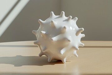 Unique White Ceramic Sculpture with Spikes on a Wooden Table in a Bright Room