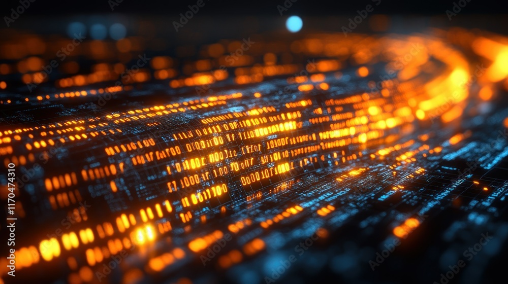 Poster abstract visualization of data streams with glowing elements.
