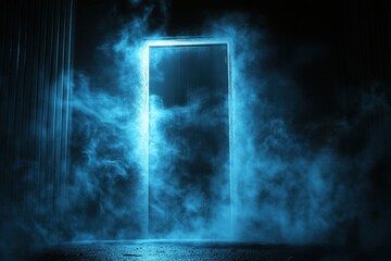 Obraz premium Mysterious glowing door shrouded in blue smoke, an enigmatic entrance to the unknown.