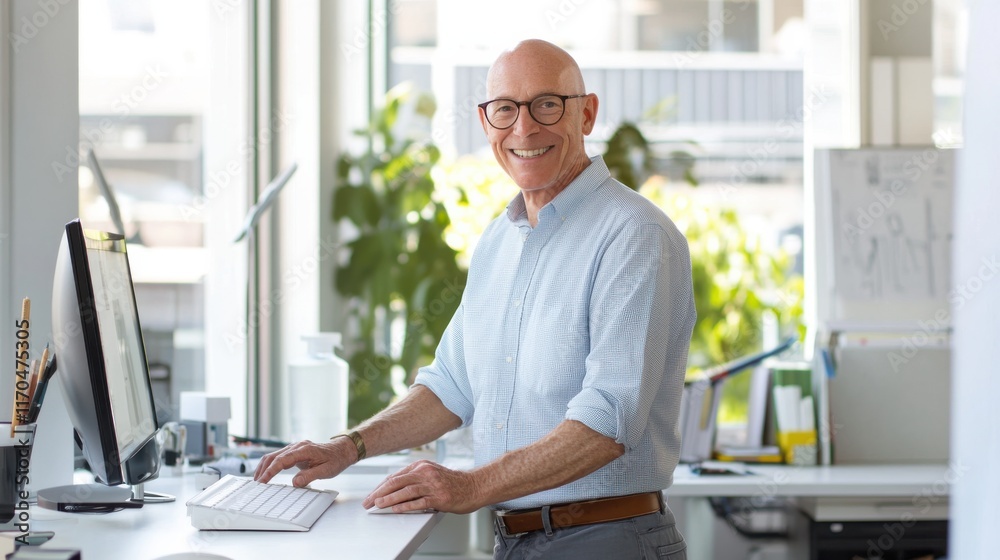 Aufkleber cheerful older man with glasses smiles while working at a modern office desk in a bright and invitin