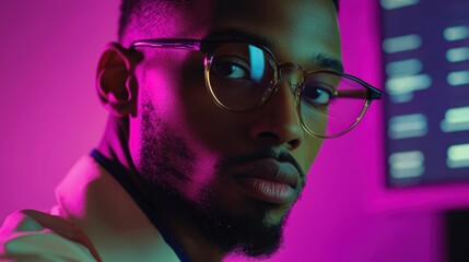 Neon Portrait: A Stylish Young Man in Spectacles
