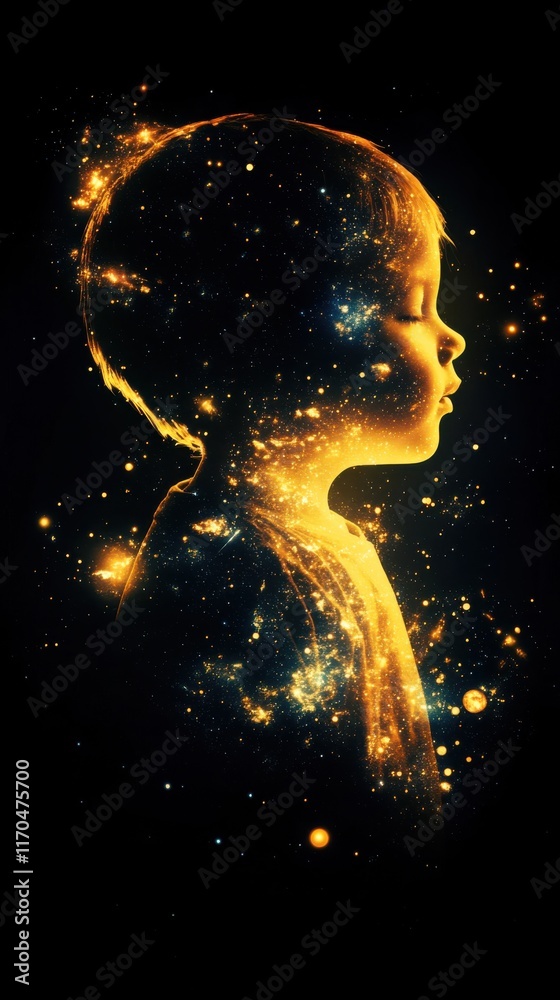 Poster visualization of a child glowing amidst stars and cosmic elements in a dark background
