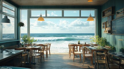 Oceanfront cafe seaside dining sunny beach waves