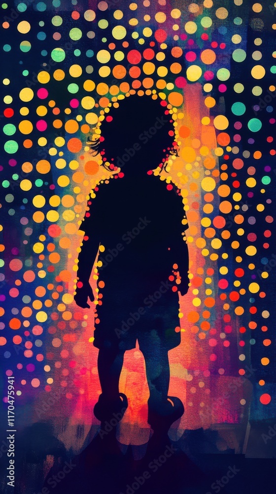 Aufkleber Child glowing amidst a vibrant array of colorful lights at twilight, creating a magical atmosphere