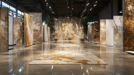 Luxurious marble slabs displayed in a showroom, reflecting elegance and sophistication.