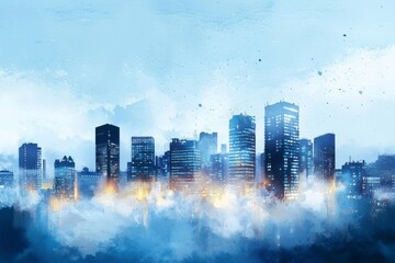 Fototapeta premium Stunning Cityscape in Misty Blue Hue with Shimmering Lights Captures the Essence of a Modern Urban Skyline at Dawn or Dusk, Perfect for Inspirational Themes and Designs