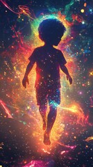 Naklejka premium Child embracing a vibrant cosmic glow in a mystical landscape under a starry sky during twilight