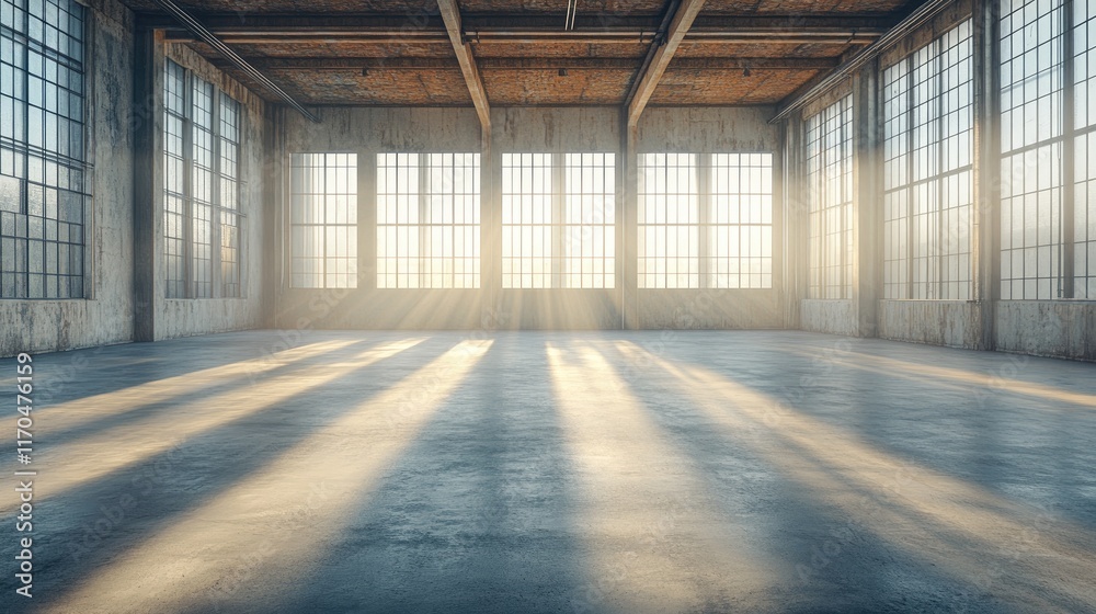 Poster sunlight illuminating empty industrial warehouse through large windows