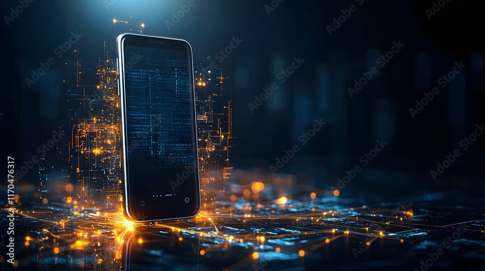Poster futuristic smartphone surrounded by glowing quantum data streams emphasizing ultra fast processing p