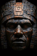 Imposing mayan statue gazing into the darkness with ornate headdress