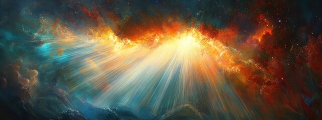 Obraz premium Unique cosmic beams illuminate a vibrant nebula in the depths of space during a stunning celestial event