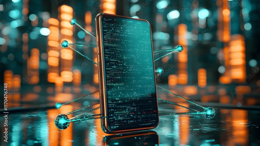 Poster a futuristic smartphone surrounded by glowing quantum data streams emphasizing ultra fast processing