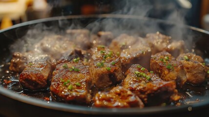 Smoky, roasted lamb in a frying pan, close-up