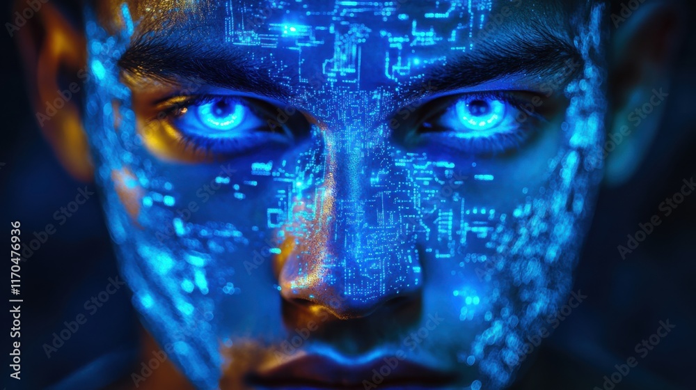 Poster Vibrant portrait of a man with glowing blue circuitry patterns on his face during a digital art festival at night