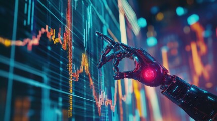 Vibrant double exposure showcasing AI technology interacting with data visualization in a futuristic urban landscape