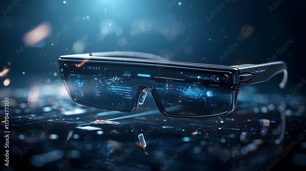 Poster futuristic smart glasses powered by quantum computing technology projecting holographic data and ai 