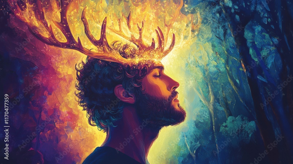 Poster vibrant profile of a man with antlers surrounded by colorful flames and mystical forest elements at 