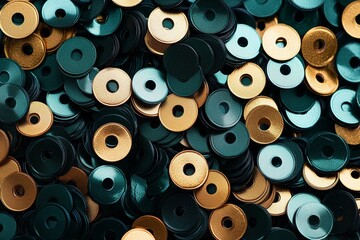 Fototapeta premium Flat lay of dark green and gold sequins, scattered in the middle for new year or st patricks day celebration