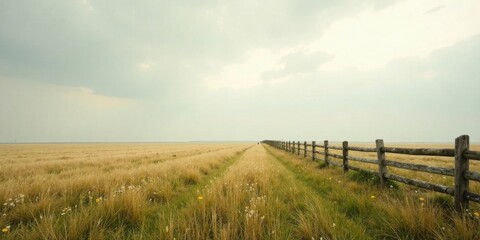 Obraz premium Serene Rural Landscape A Rustic Wooden Fence Lines a Golden Grass Field Under a Cloudy Sky