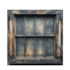 A rustic barn window made of raw unpolished wood, with spiderweb cracks