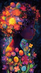 Vibrant silhouette of a child surrounded by colorful flowers and decorated eggs during springtime celebration