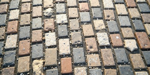 Textured Stone Pavement Detail A Close-Up View of Interlocking Rectangular Bricks in Varied Earth Tones