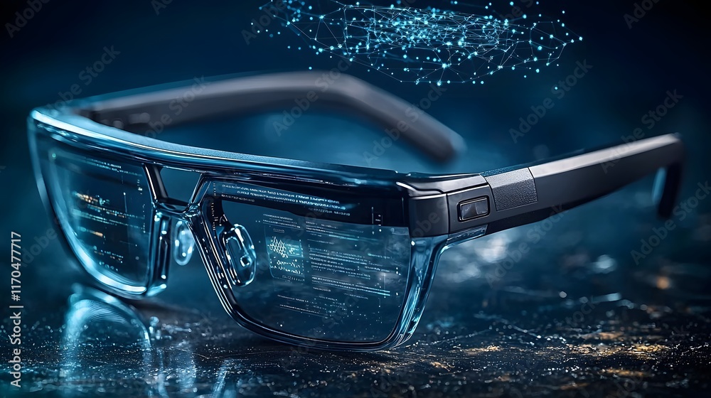 Poster futuristic smart glasses powered by quantum computing projecting holographic data and interfaces int