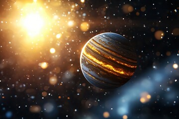 Stunning View of Jupiter Surrounded by Shimmering Stars and Celestial Glow in Space