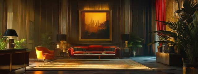 Obraz premium Elegant modern interior with warm ambient lighting and lush decor, featuring a striking painting and inviting furniture arrangement in a cozy living space