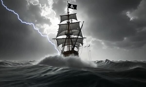 Pirate Ship Braving a Dramatic Storm at Sea