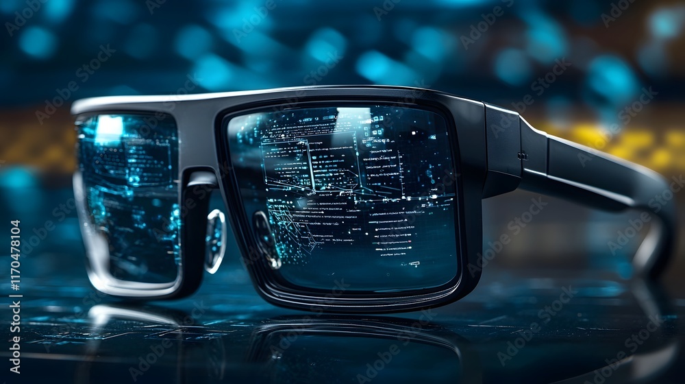 Poster futuristic smart glasses equipped with quantum computing technology projecting holographic data and 