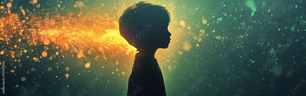 Poster surreal glowing visualization of a child in a dreamlike setting exploring imagination and wonder in 