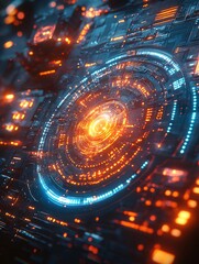 Obraz premium Intricately Detailed Futuristic Tech 3D Render: Glowing Circuitry Close-Up. AI Generated