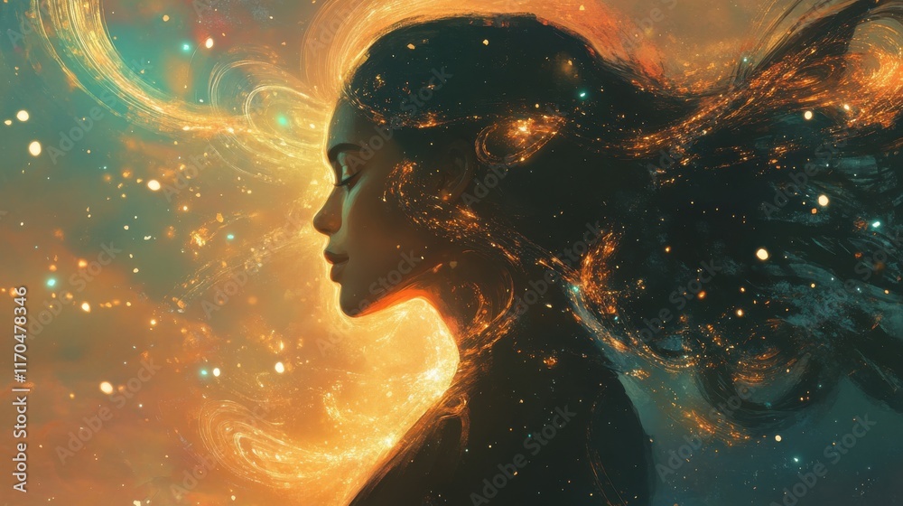 Poster surreal glowing representation of a woman in a cosmic atmosphere at twilight