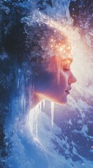 Surreal representation of a glowing woman surrounded by an enchanted icy atmosphere at twilight