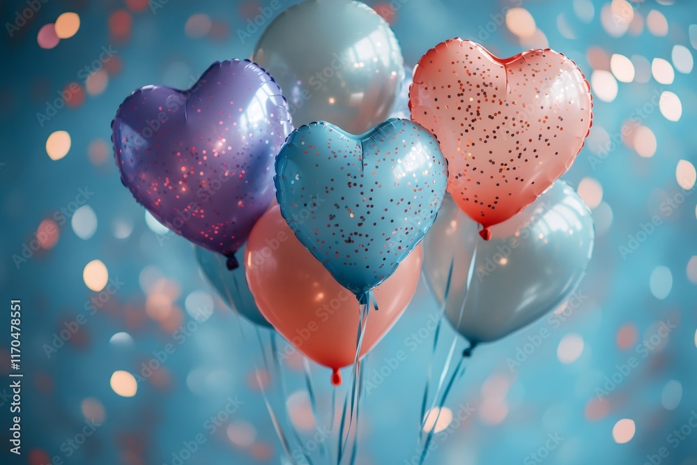 Poster heart shaped balloons floating on a teal background with festive confetti