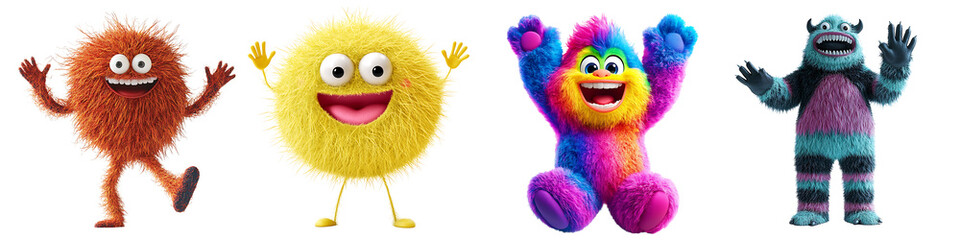 Naklejka premium Set of a cute, colorful, fluffy monster smiling and waving, isolated on a transparent background.