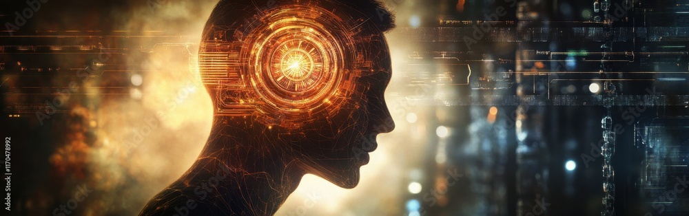 Poster Surreal representation of a glowing man against a digital backdrop showcasing futuristic technology
