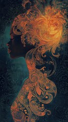 Surreal representation of a glowing woman with intricate patterns and vibrant colors in a mystical setting at dusk