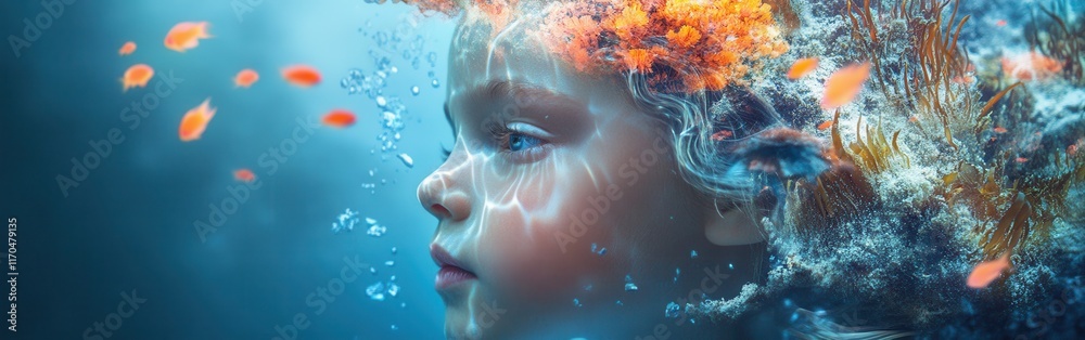 Poster Surreal portrait of a child's face blending with underwater elements and vibrant colors at an imaginative setting