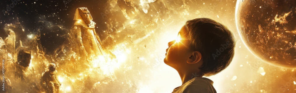 Poster surreal portrait of a glowing child gazing into a cosmic landscape full of ancient figures and vibra