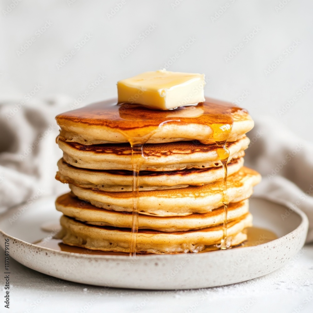 Poster delicious stack of golden pancakes drizzled with warm syrup and topped with butter