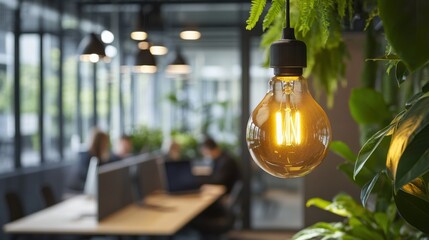 Glowing light bulb illuminates modern office space filled with greenery and focused individuals at work