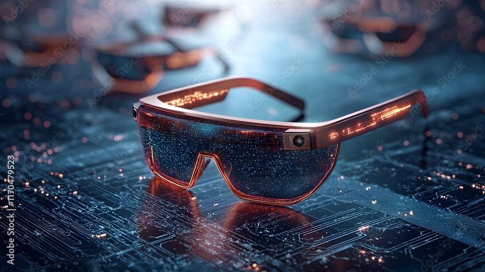 Poster quantum enhanced smart glasses showcasing futuristic projections and glowing circuits the image depi